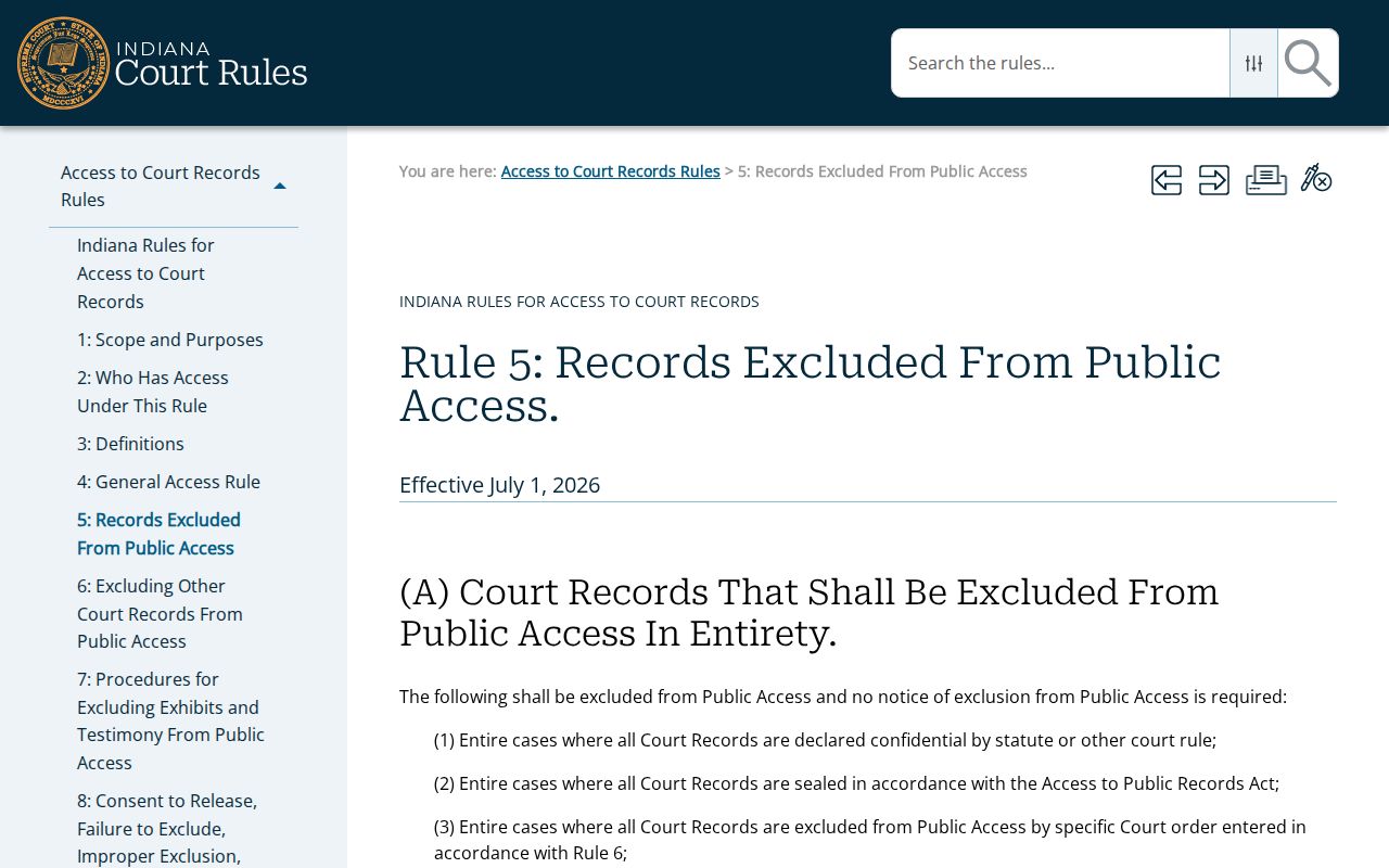 Indiana Rule 5 limits on access to civil court records