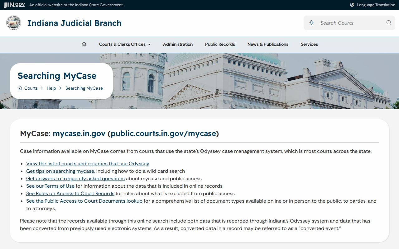 Indiana MyCase public access and search help