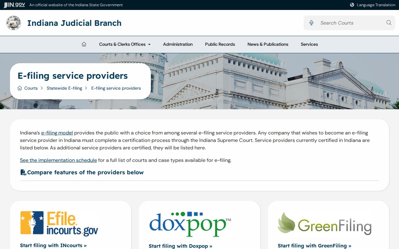 Indiana electronic filing provider page